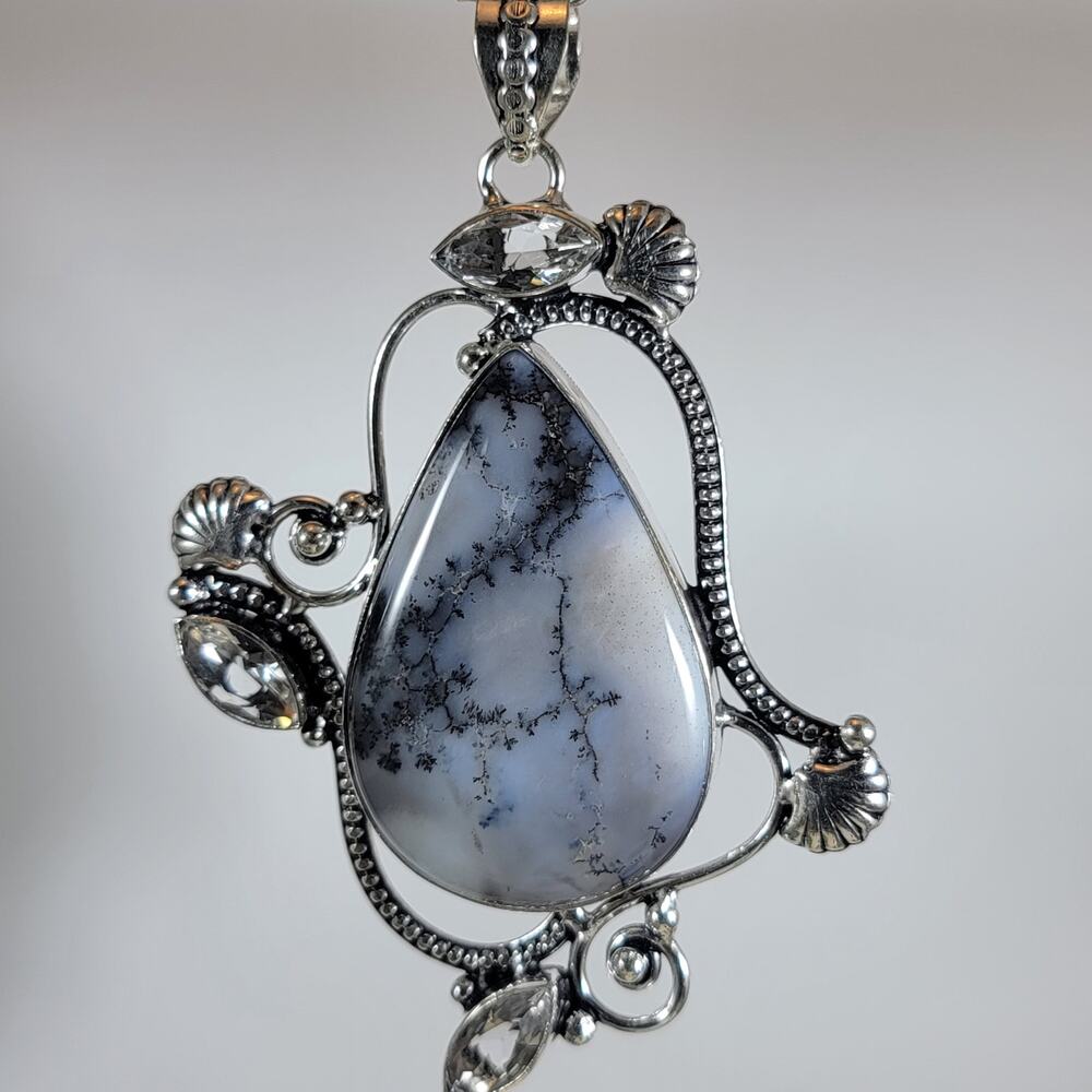 Sterling Silver Pendant with Dendritic Opal & Clear Quartz – Artisan Gem Jewelry